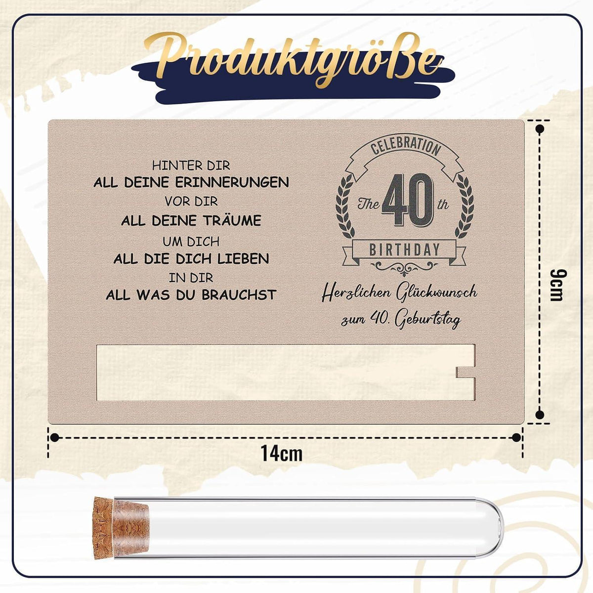 Geldgeschenk 40. Geburtstag mit Reagenzglas & Holzkarte