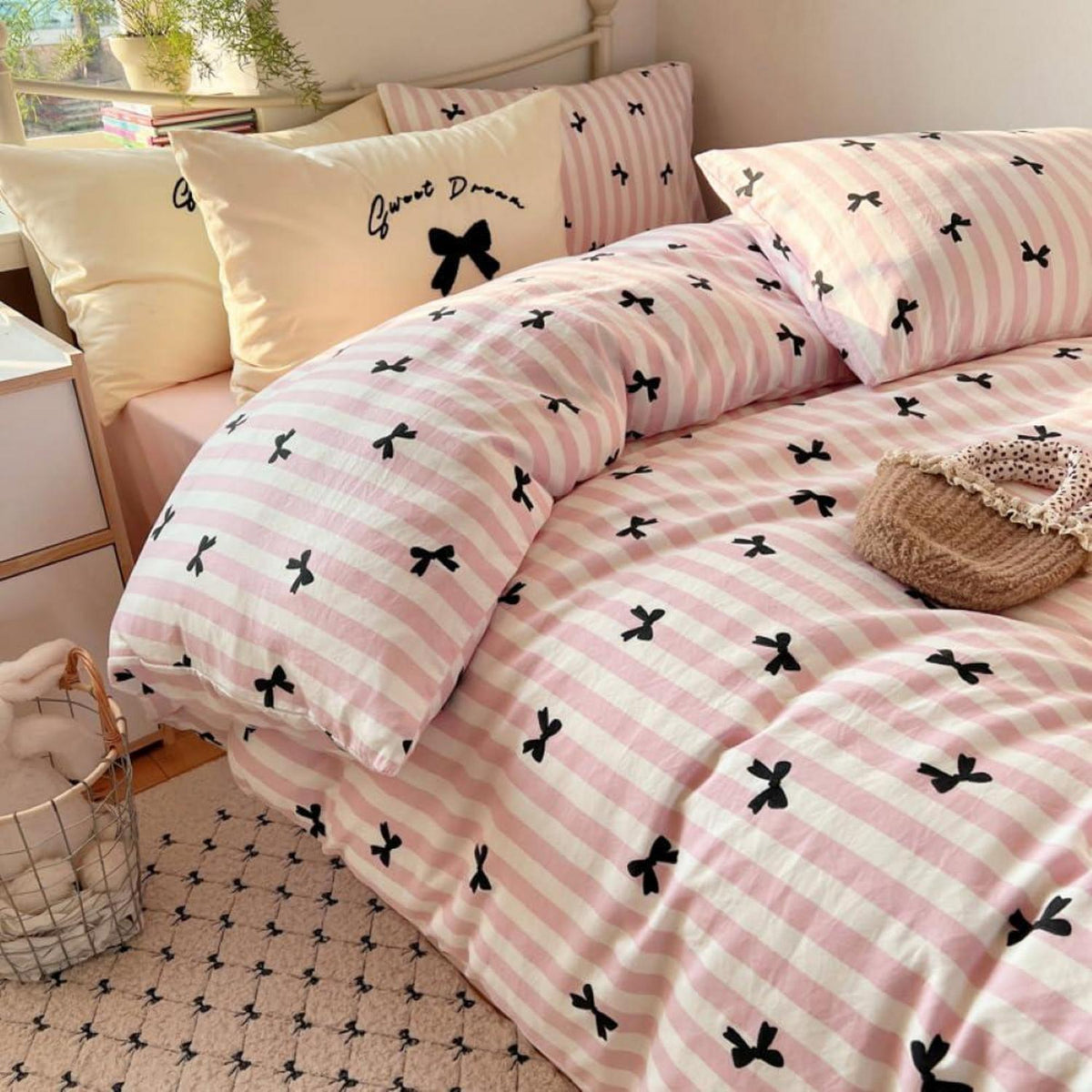 Bettwäsche Set 200x220 Weiß Rosa Schwarz Streifen Schleifen Mädchen
