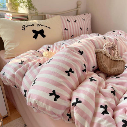 Bettwäsche Set 200x220 Weiß Rosa Schwarz Streifen Schleifen Mädchen