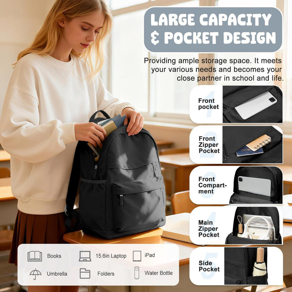 Schulrucksack Mädchen Schwarz – Laptopfach & Diebstahlschutz