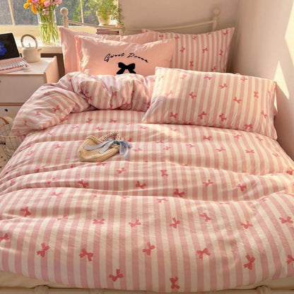 Bettwäsche Set 135x200 Rosa Schleifen – Weiß & Rosa Streifen