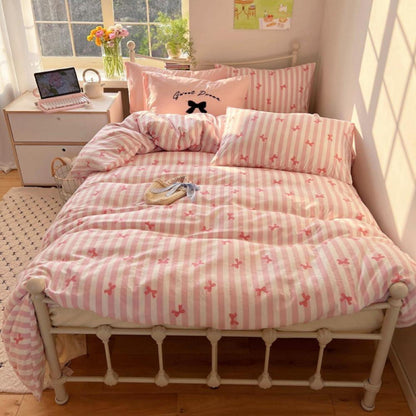 Bettwäsche Set 135x200 Rosa Schleifen – Weiß & Rosa Streifen