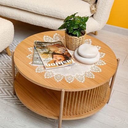 Runde Leinen Tischdecke Spitze 60x60cm - Vintage Couchtischauflage