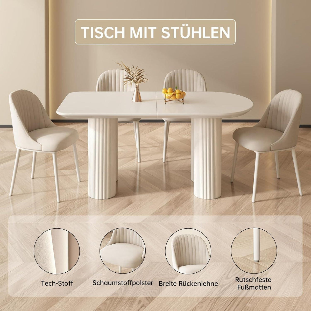 Moderner Esstisch Weiß mit 4 Polsterstühlen – Esszimmer Set 140cm