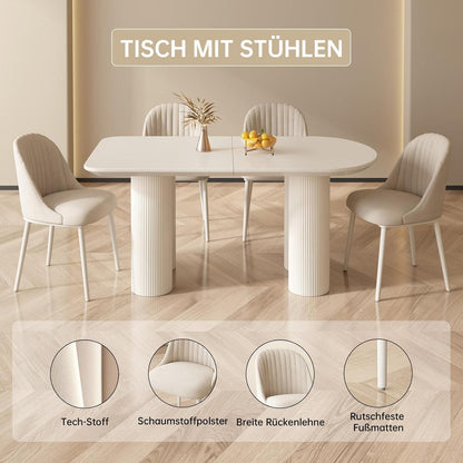 Moderner Esstisch Weiß mit 6 Polsterstühlen – Esszimmer Set 140cm