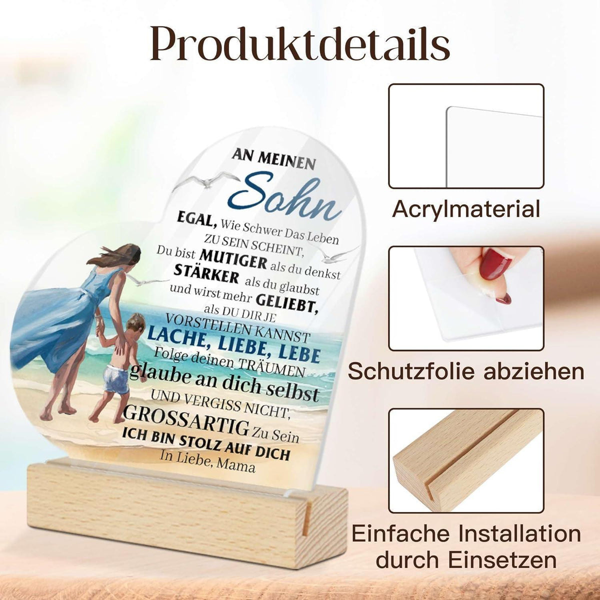 Herz Tischdeko mit Holzsockel – Geschenk für Sohn