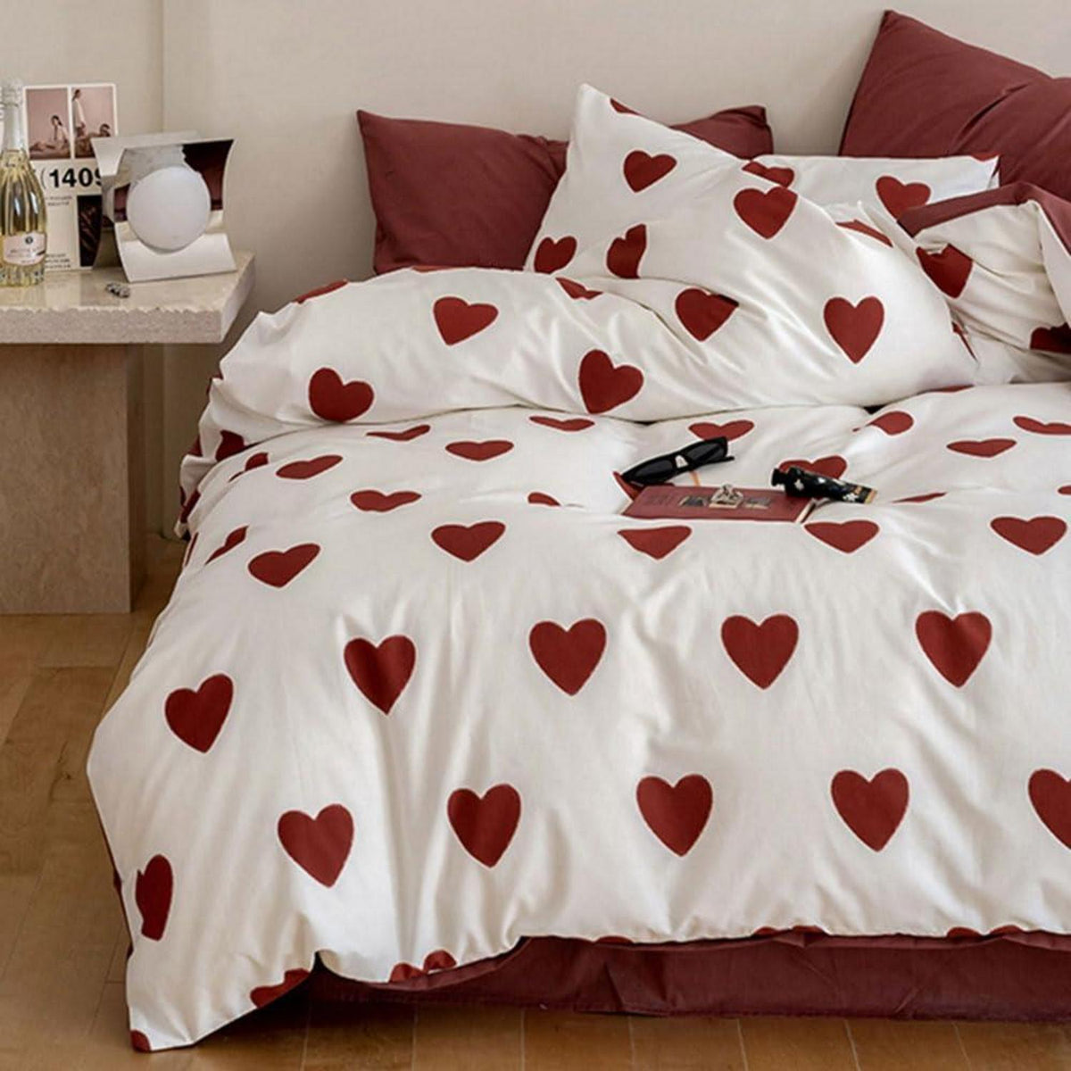 Herz Bettwäsche Set 200x200 Weiß Rot Herzmuster 3-teilig