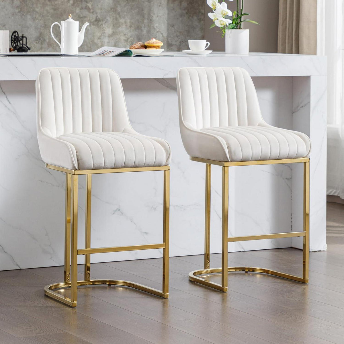 Barhocker Set 2er – Samt, Goldenes Metallbein, Weiß