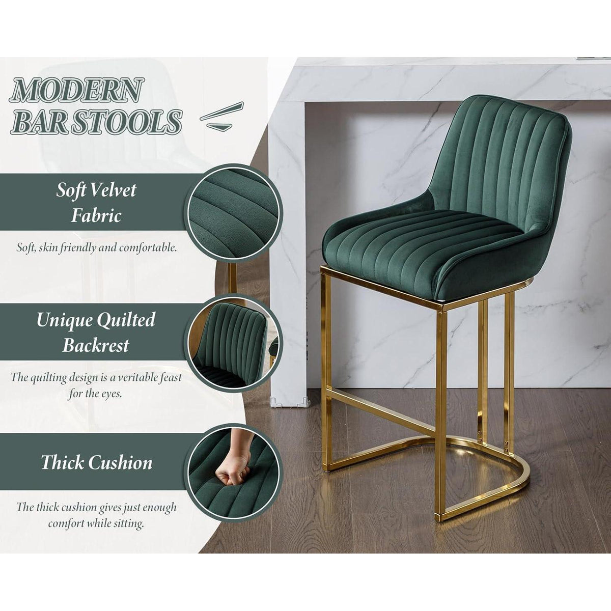Barhocker Set 2er – Samt, Goldbein, Gepolstert, Grün