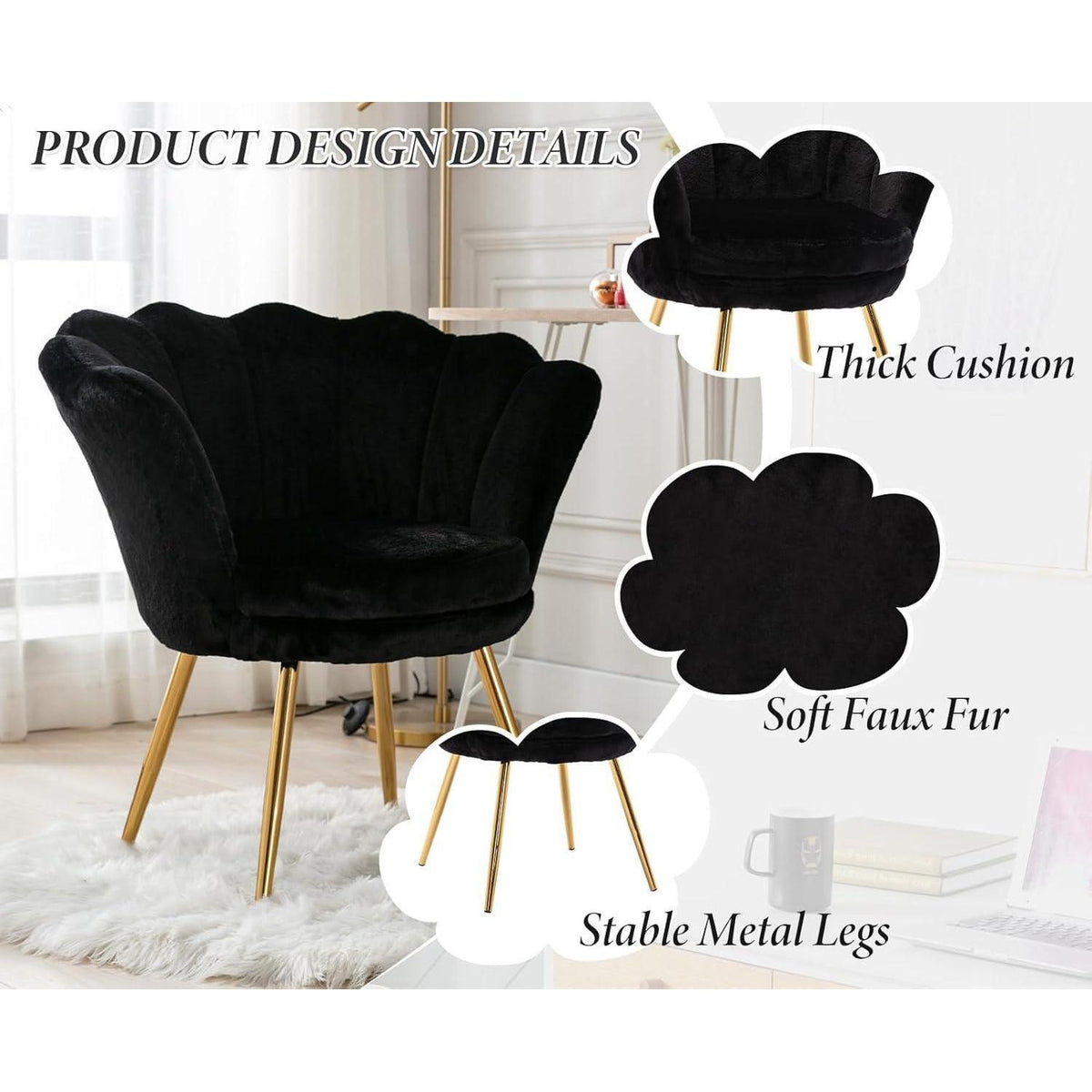 Teddystoff Sessel mit Goldfuß – Bequemer Loungesessel