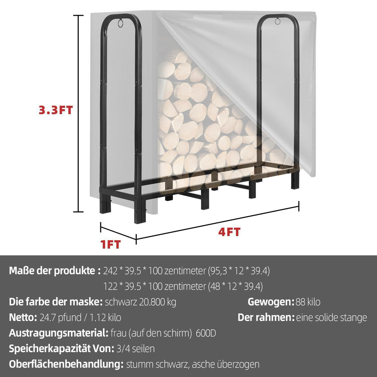 Kaminholzregal 4FT – Robustes Outdoor Lager für Brennholz