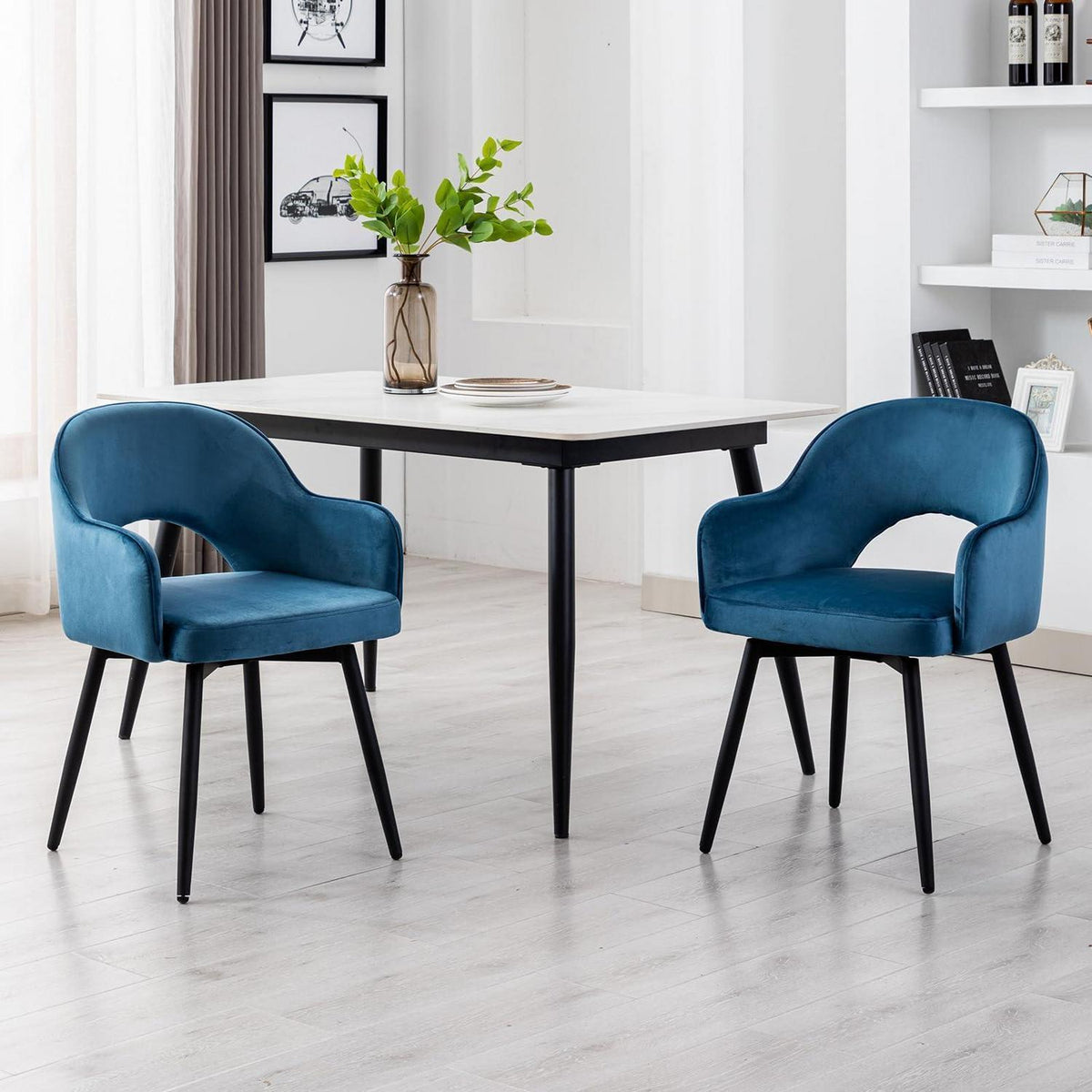 Drehbarer Samt Esszimmerstuhl mit Armlehnen – 2er Set, Blau