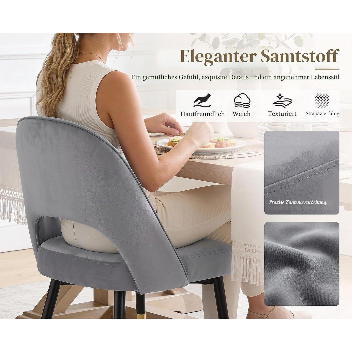 Ya-Home Esszimmerstühle 2er Set Grau, Polsterstuhl mit Metallbeinen