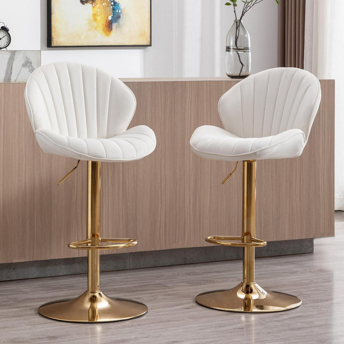 Beige Samt Barhocker 2er Set, höhenverstellbar