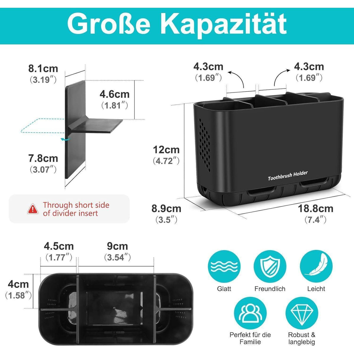 Zahnbürstenhalter mit 6 Fächern, abnehmbar, schwarz