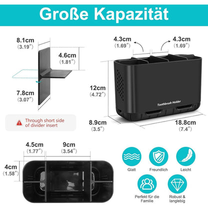 Zahnbürstenhalter mit 6 Fächern, abnehmbar, schwarz