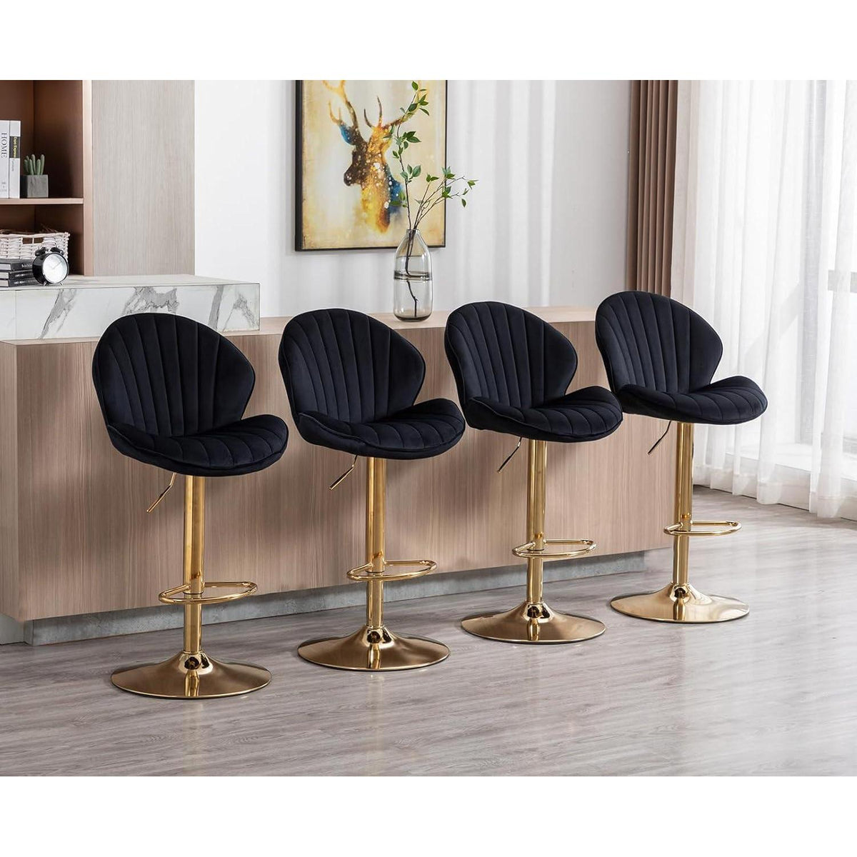 Barhocker Set 2x Samt Schwarz, Höhenverstellbar & Bequem