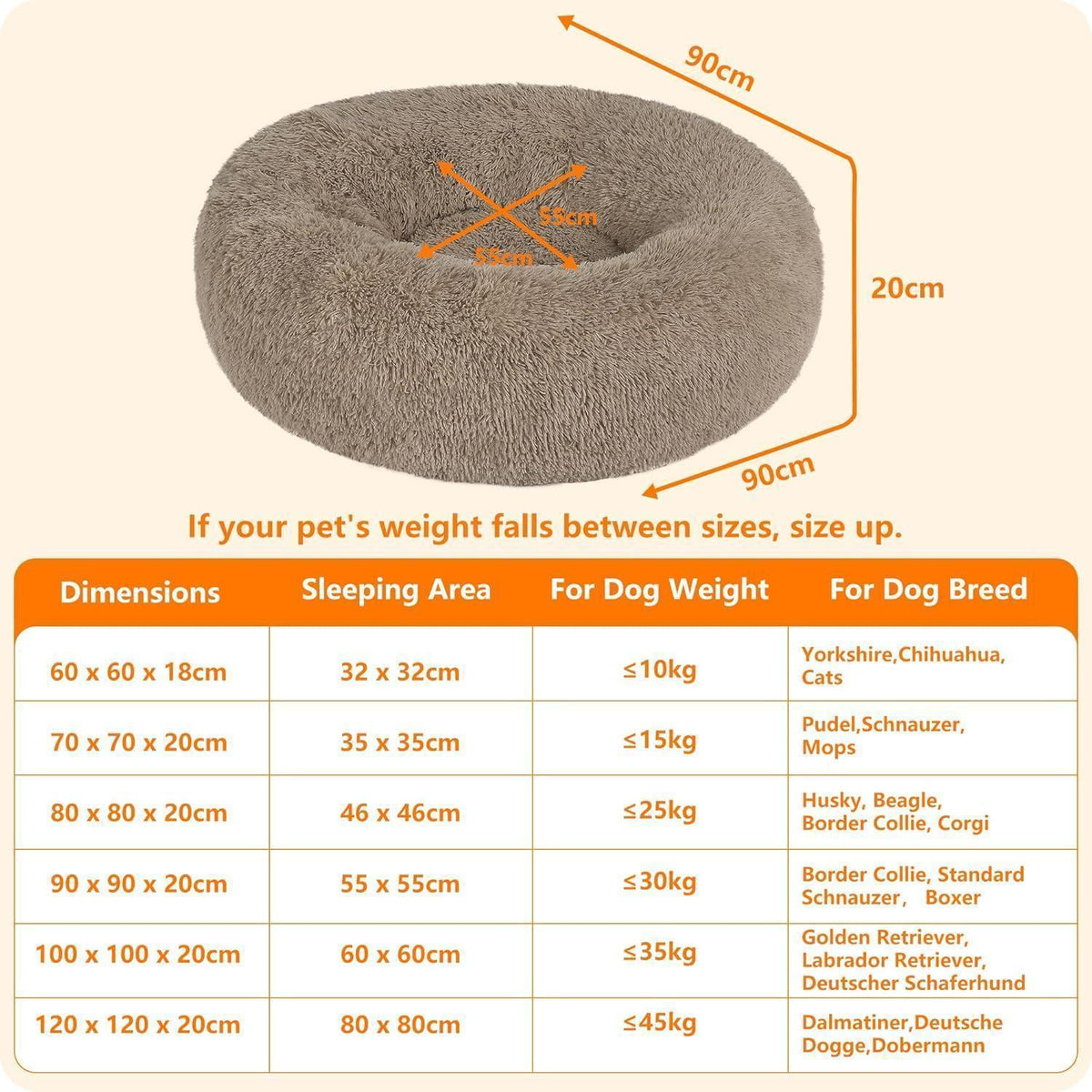 Orthopädisches Hundebett rund, 90 cm, Kamelbraun