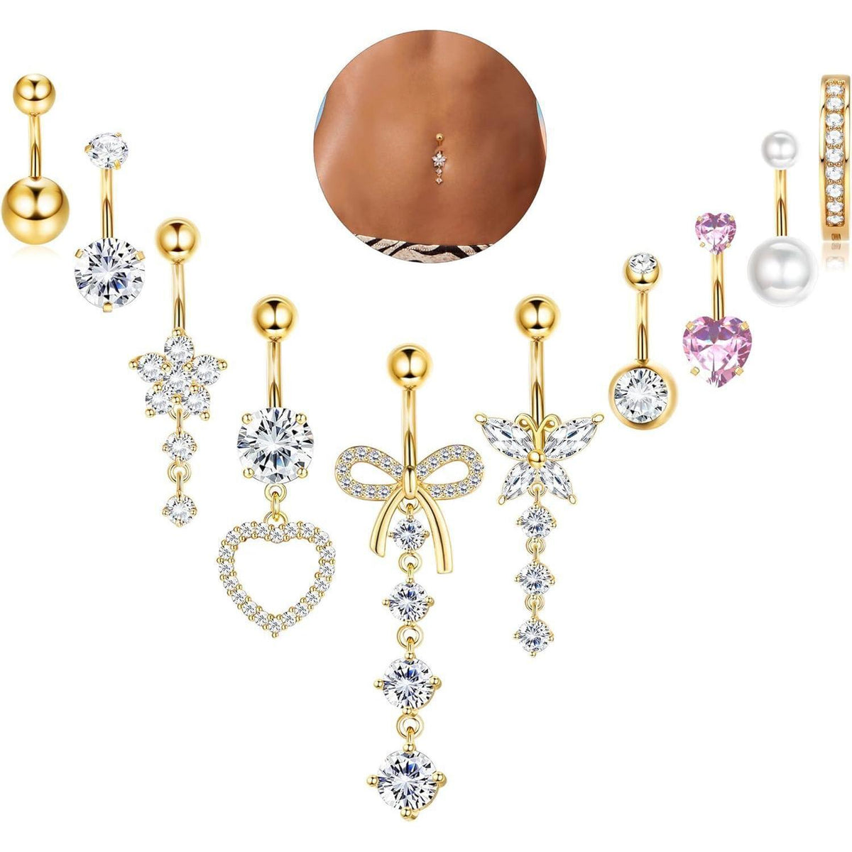 10er Set Bauchnabelpiercings mit Schmetterling und Schlange, Rosa/Blau