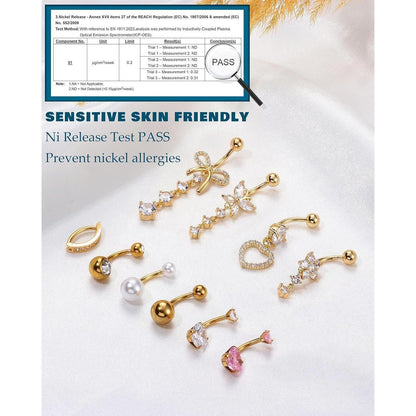 10er Set Bauchnabelpiercings mit Schmetterling und Schlange, Rosa/Blau
