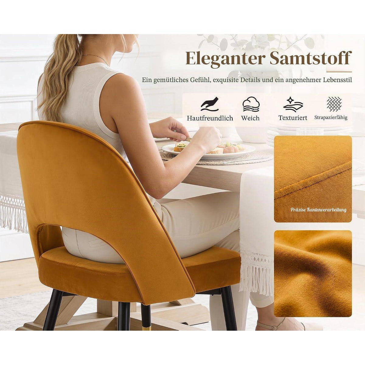 Esszimmerstühle 2er Set, Samt Polsterstuhl mit Metallbeinen Gelb