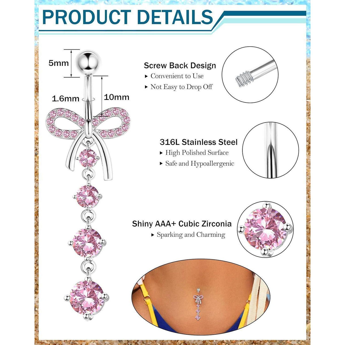 10er Set Bauchnabelpiercings mit Schmetterling und Schlange, Rosa Blau