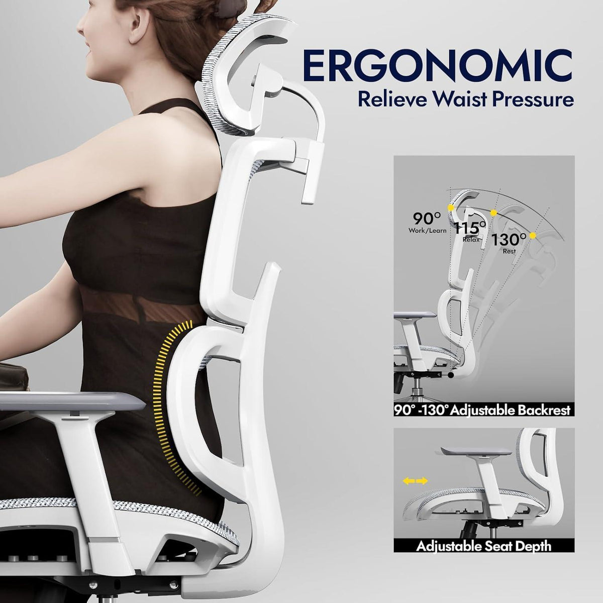 Ergonomischer Bürostuhl mit Lendenwirbelstütze, 150kg, Weiß