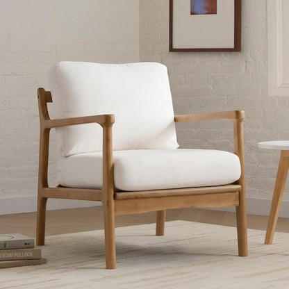 Vintage Sessel mit Holzgestell & Leinenbezug, Beige