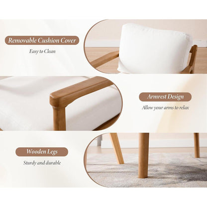 Vintage Sessel mit Holzgestell & Leinenbezug, Beige