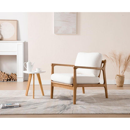 Vintage Sessel mit Holzgestell & Leinenbezug, Beige
