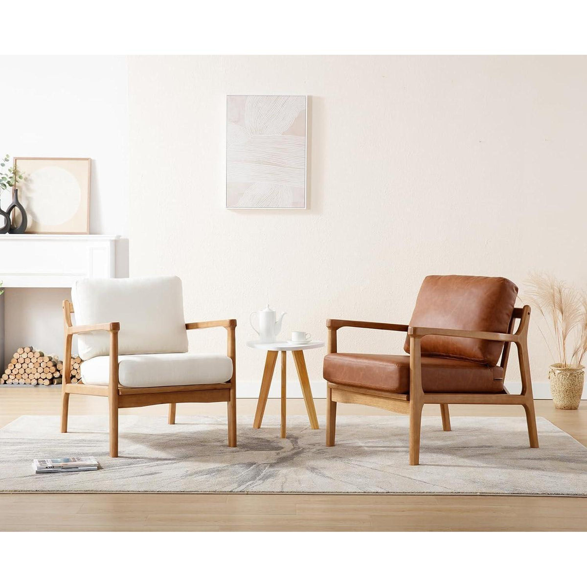 Vintage Sessel mit Holzgestell & Leinenbezug, Beige