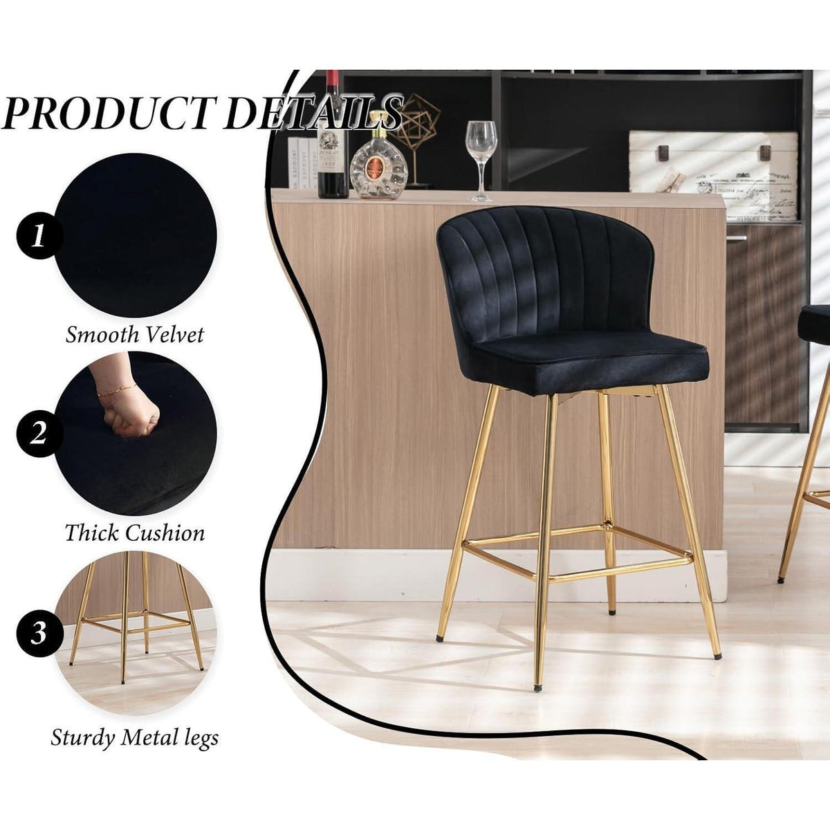 Barhocker Set 2er – Samt, Modern & Gepolstert Schwarz