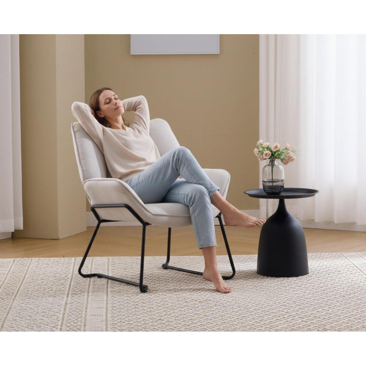 Moderner Ohrensessel mit Leinenbezug – Beige Wohnzimmer Sessel