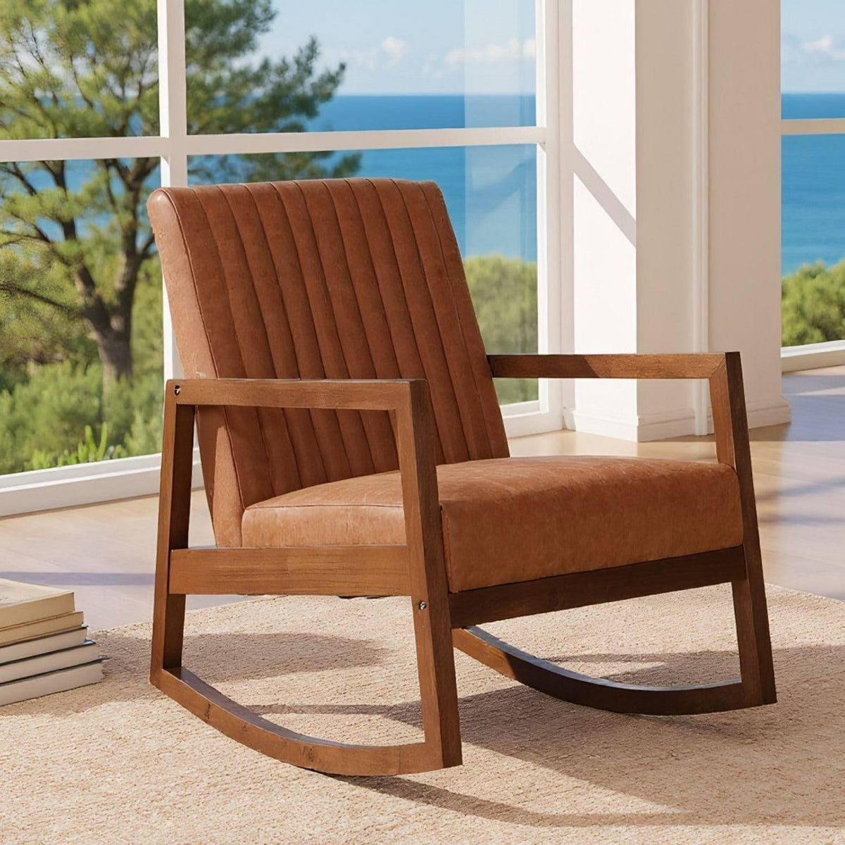 Schaukelstuhl Holz mit Armlehnen – Bequemer Retro Sessel Braun