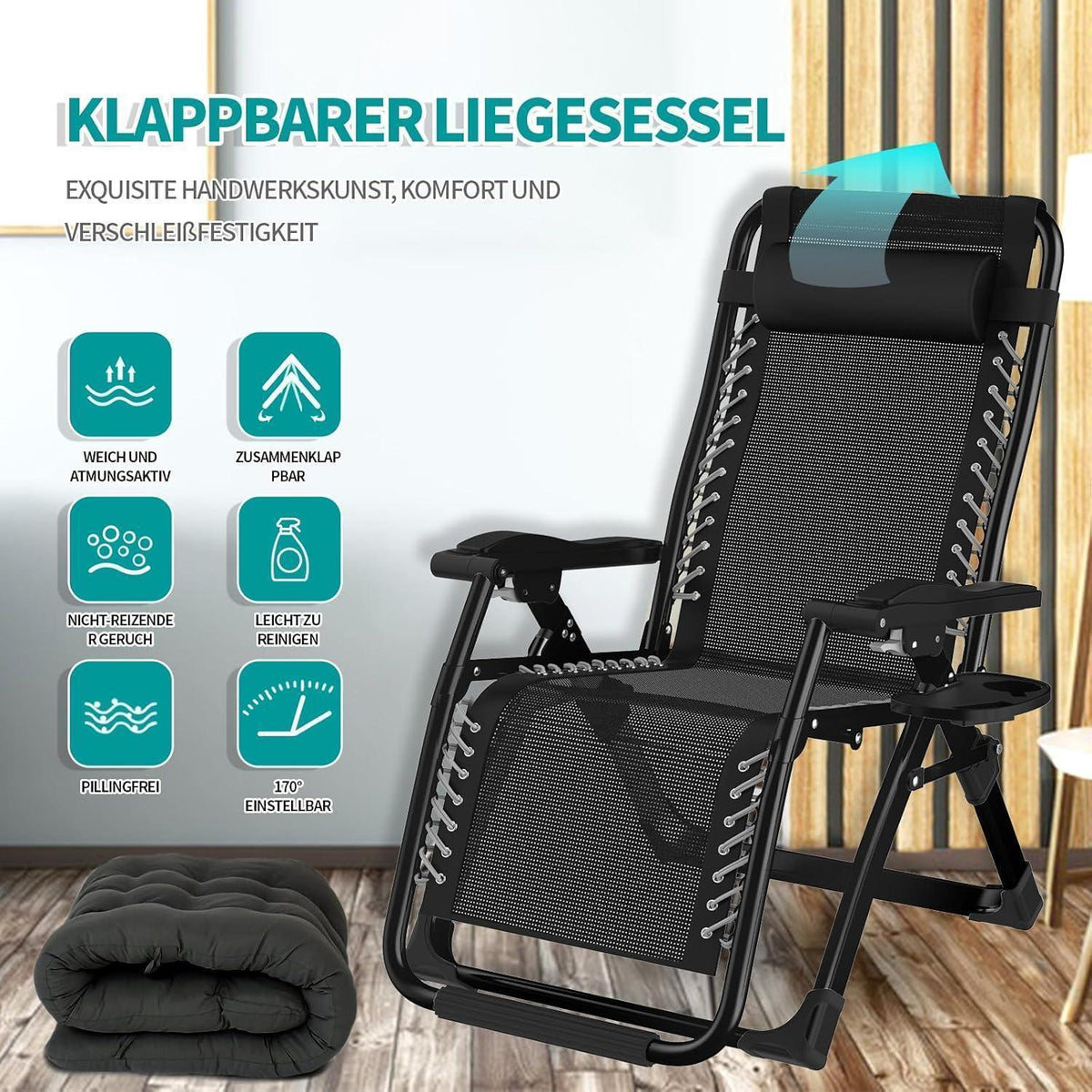 Klappbare Sonnenliege 2er Set mit Kissen & Getränkehalter, Schwarz