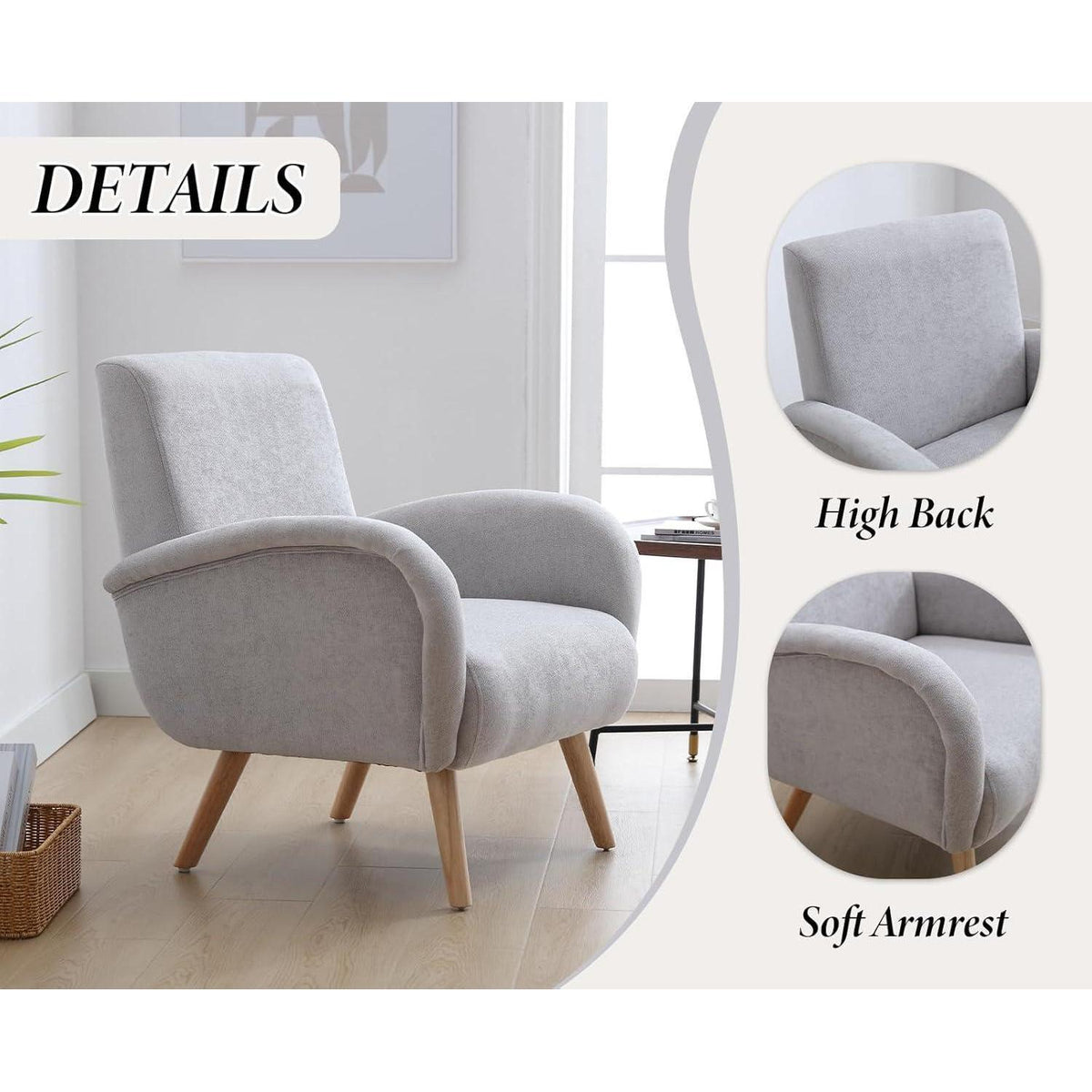 Chenille Loungesessel Grau – Bequemer Sessel mit Holzbeinen