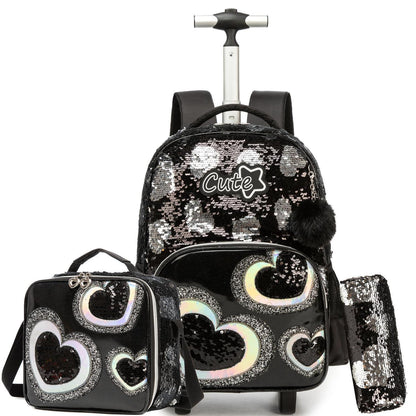 Kinder Rucksack mit Rollen & Trolley Set Schwarz Herz