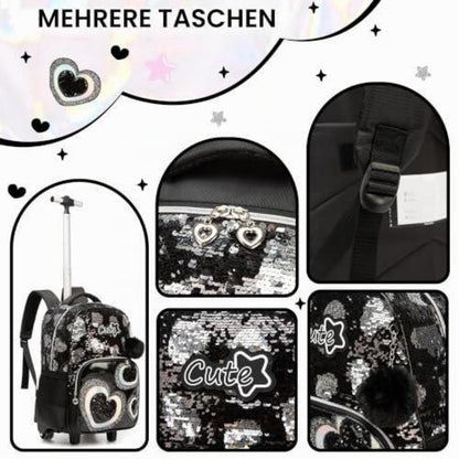 Kinder Rucksack mit Rollen & Trolley Set Schwarz Herz