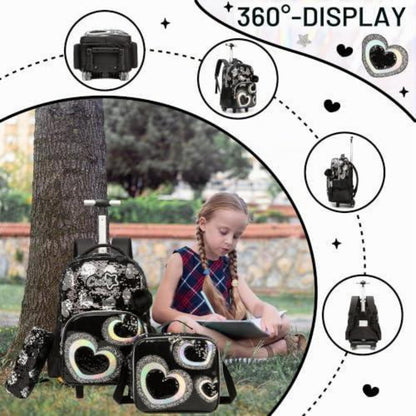 Kinder Rucksack mit Rollen & Trolley Set Schwarz Herz