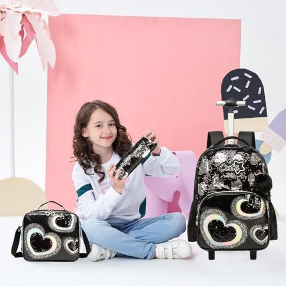 Kinder Rucksack mit Rollen & Trolley Set Schwarz Herz