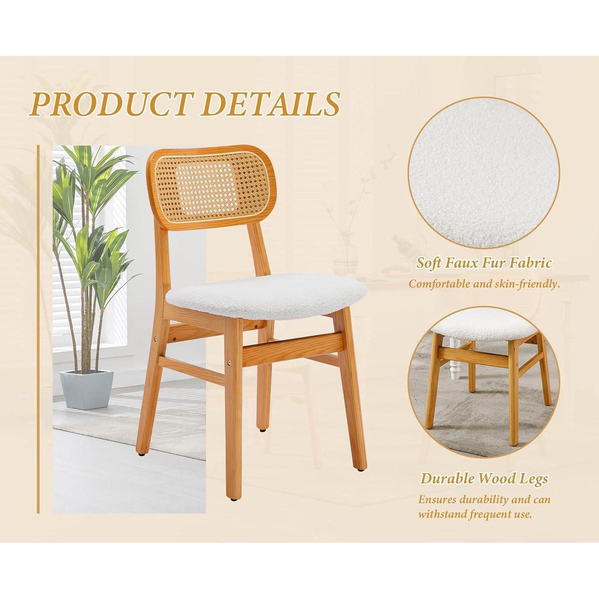 Esszimmerstühle 2er Set Kunstfell Rattan Beige