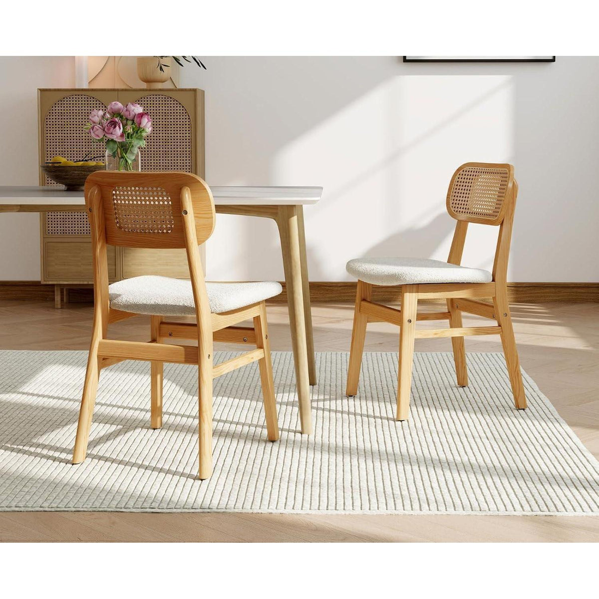 Esszimmerstühle 2er Set Kunstfell Rattan Beige