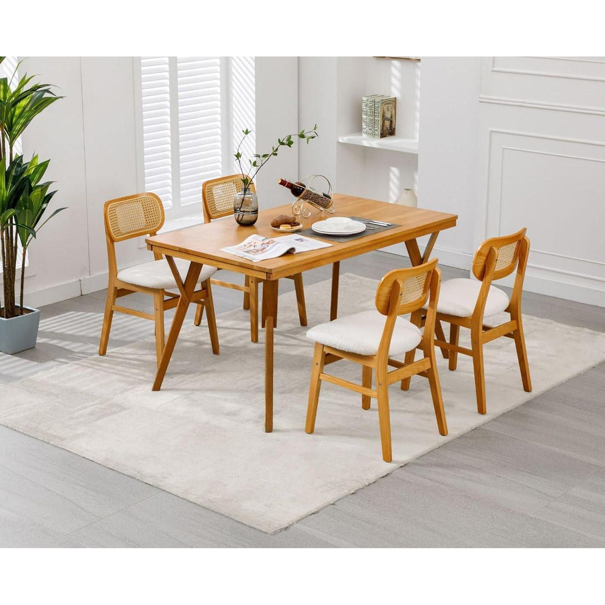 Esszimmerstühle 2er Set Kunstfell Rattan Beige