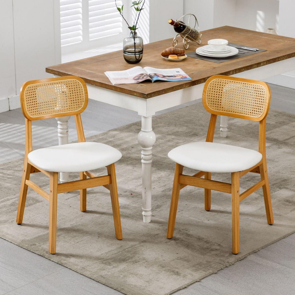 Esszimmerstühle 2er Set Rattan Weiß in Lederoptik