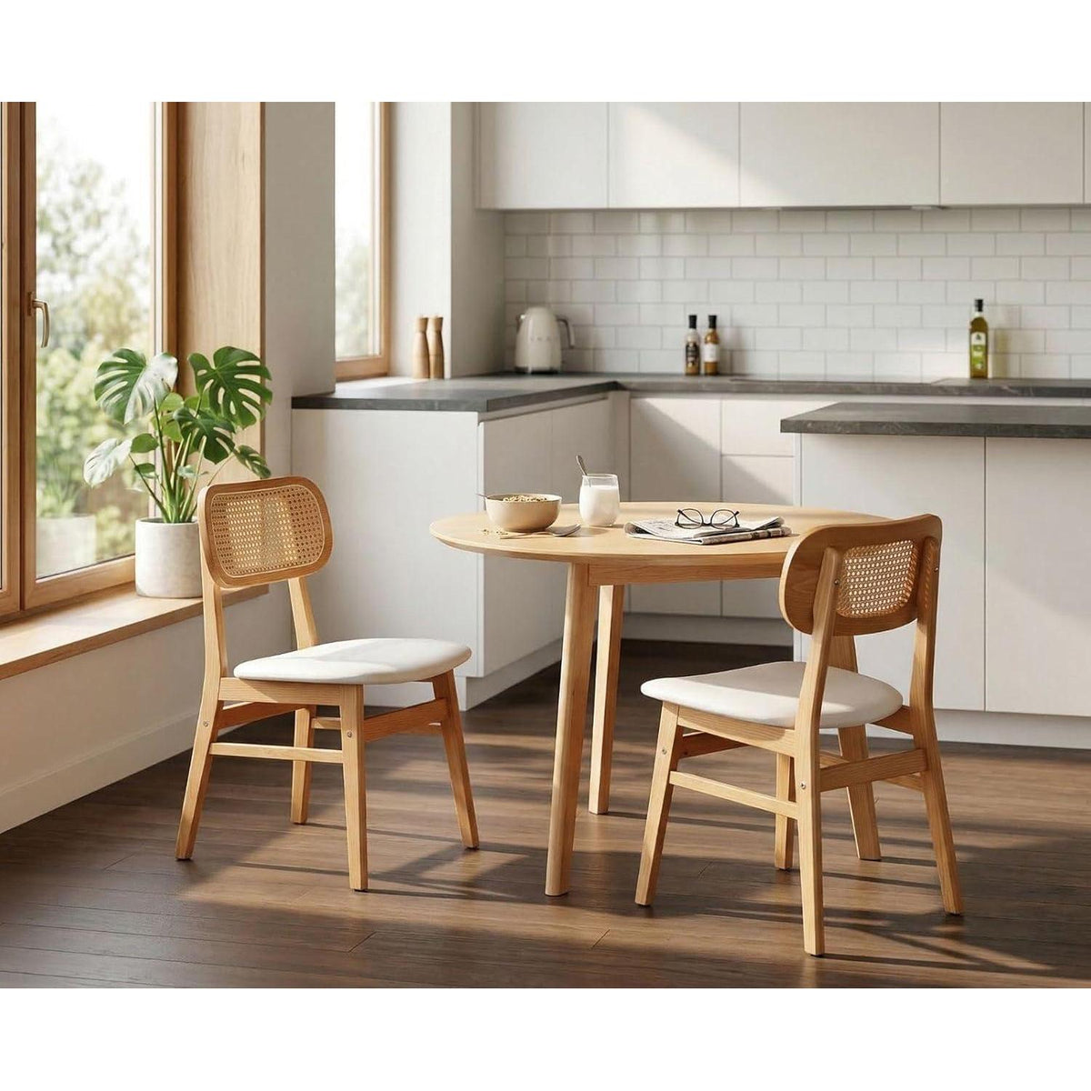 Esszimmerstühle 2er Set Rattan Weiß in Lederoptik