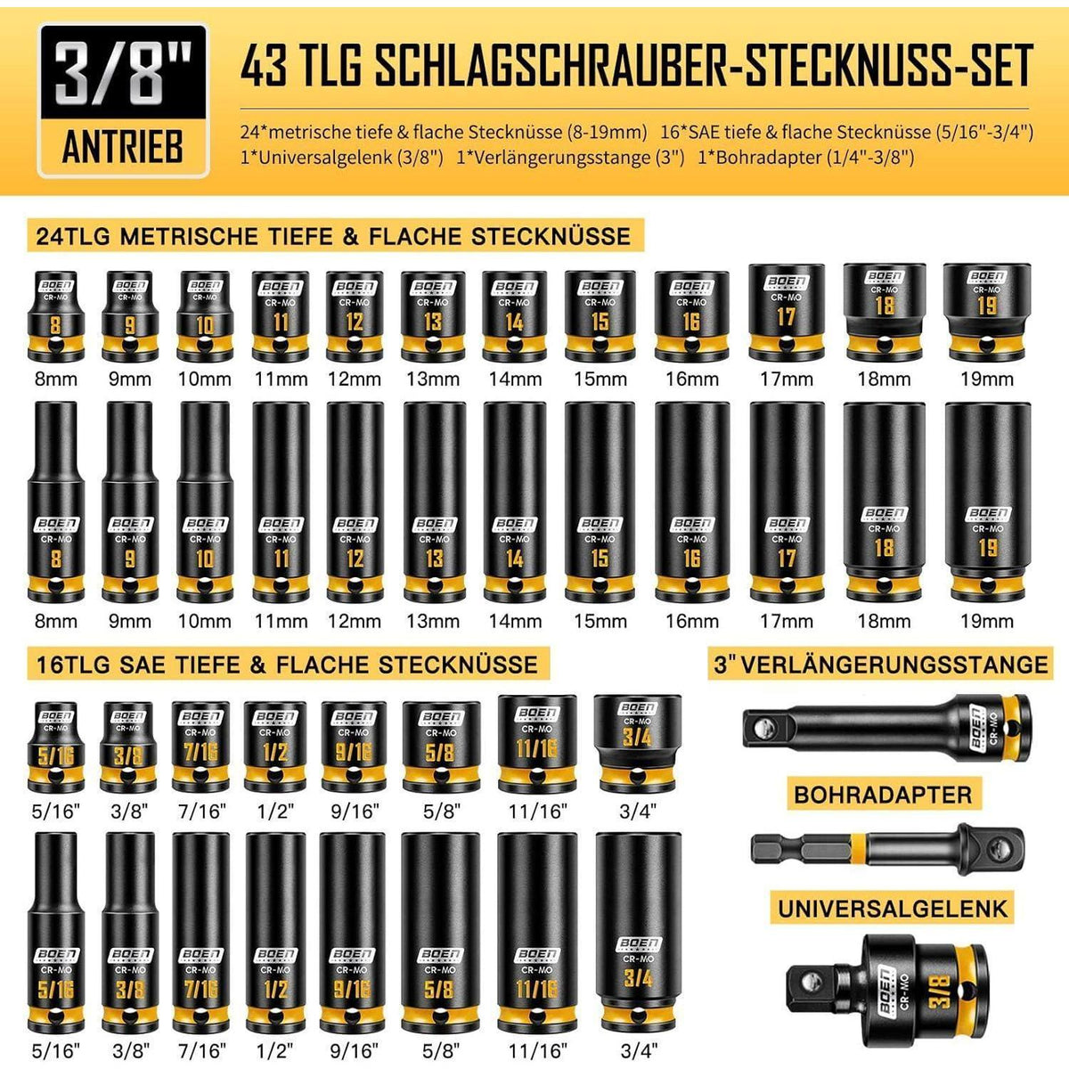 43-teiliges Schlagschrauber-Stecknuss-Set 3/8" CR-MO Stahl Metrisch & SAE