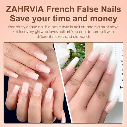Französische Falsche Nägel Set - Rosa Weiß Gradient Kurz Square