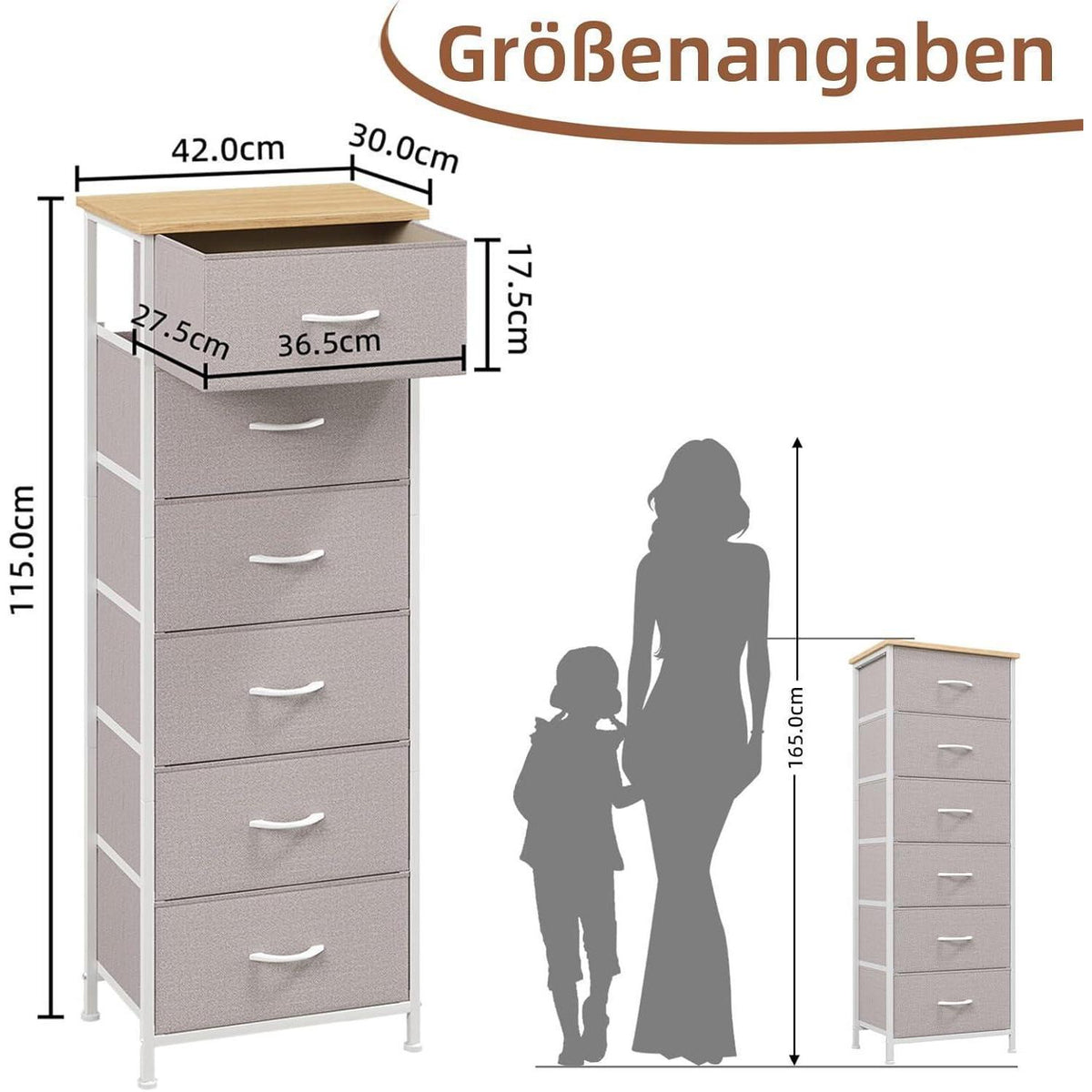 Kommode mit 6 Stoffschubladen – Aschgrau, 115cm hoch