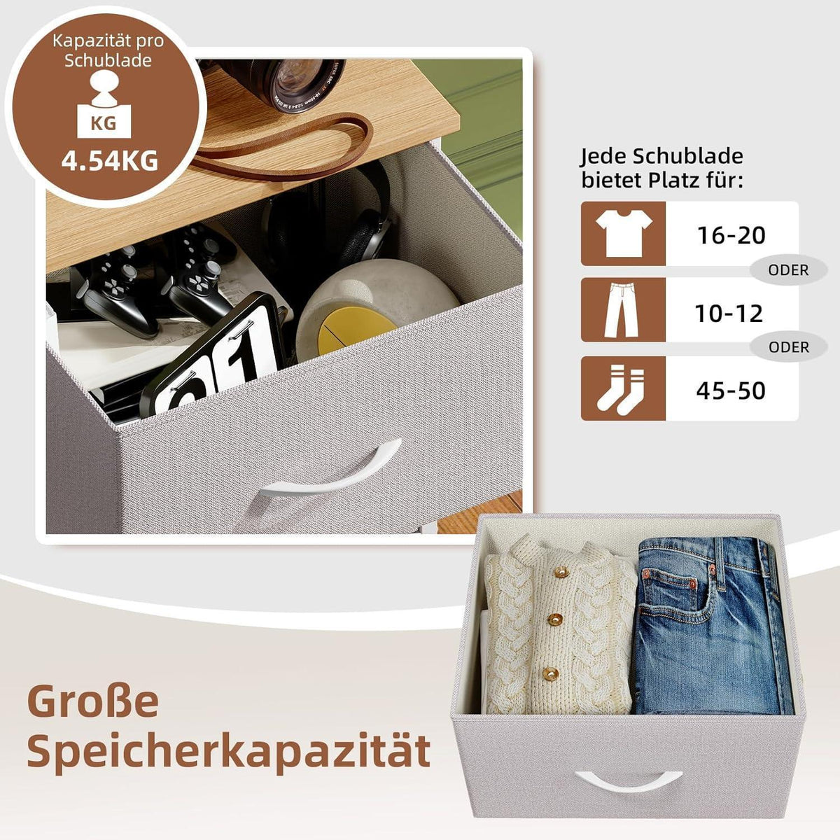 Kommode mit 6 Stoffschubladen – Aschgrau, 115cm hoch