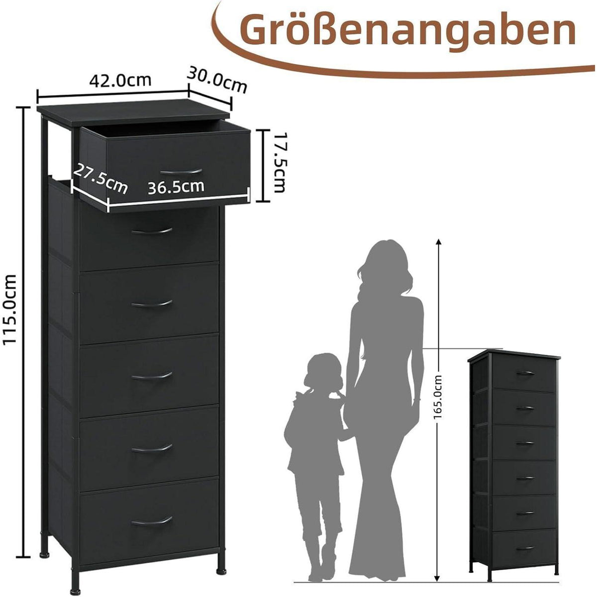 Kommode mit 6 Stoffschubladen – Schwarz, 30x42x115 cm
